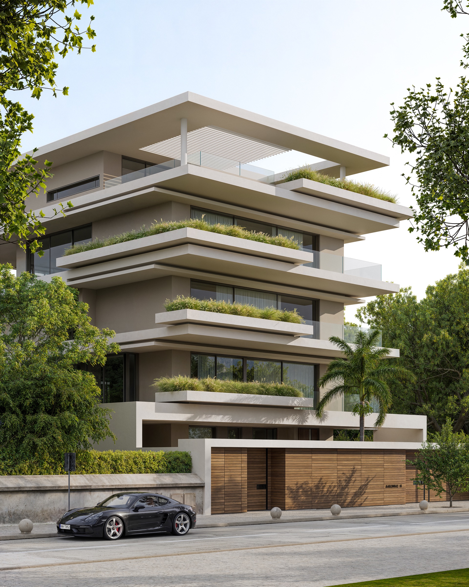 Sculpted by light — Garden-facing facade